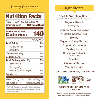 Simple Mills Honey Cinnamon Seed & Nut Flour Sweet Thins, Paleo Friendly & Delicious Sweet Thin Cookies, Good for Snacks, Nutrient Dense, 4.25oz, Pack of 1